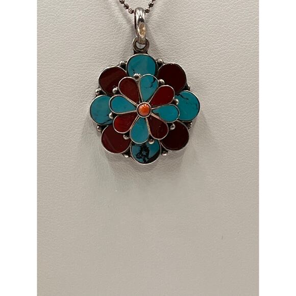 Sterling Silver Turquoise Coral Inlay Floral Bloom Spinning Pendant Necklace - Picture 4 of 13